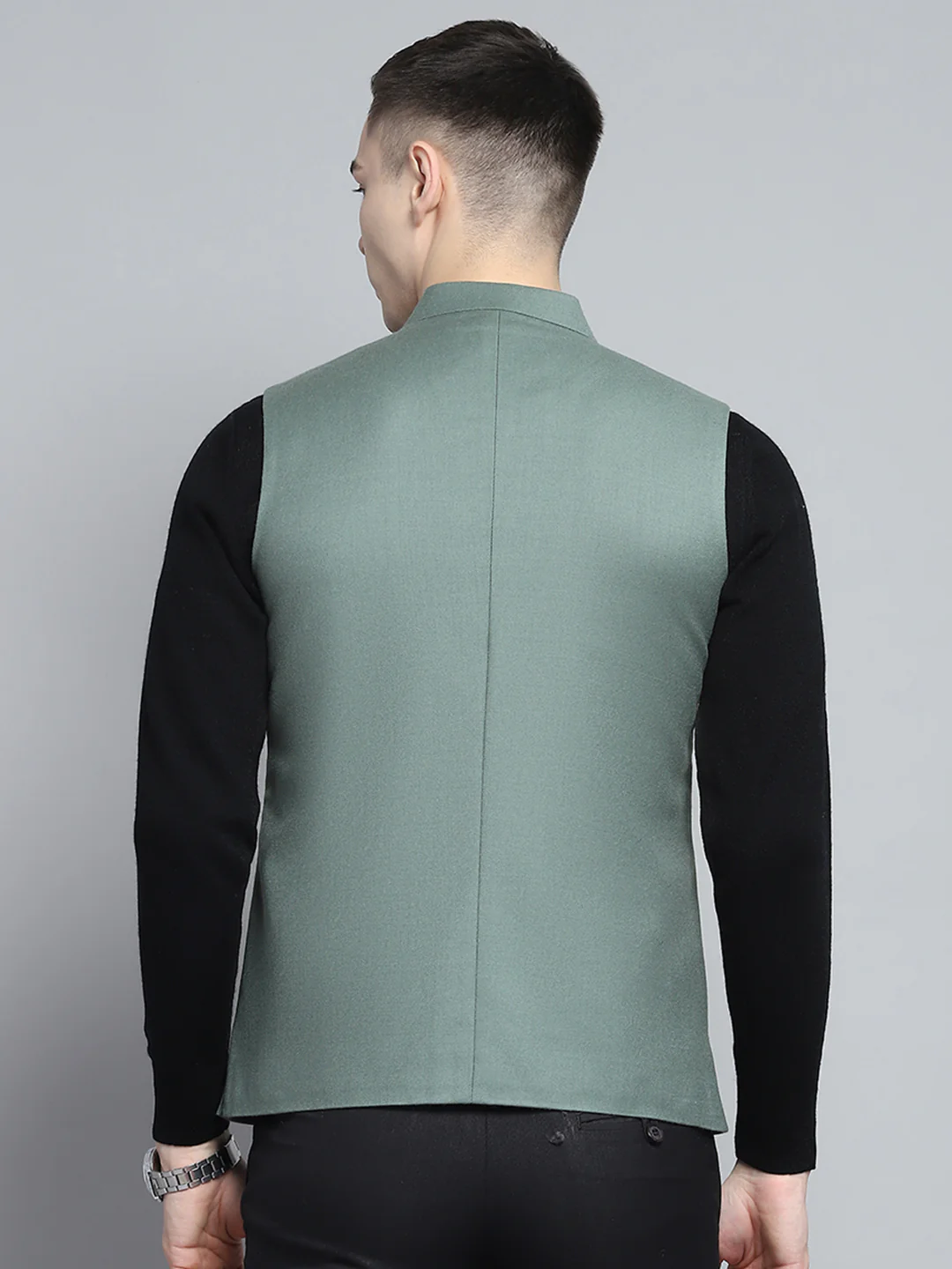 Men Olive Solid Band Collar Sleeveless Nehru Jacket - Image 5