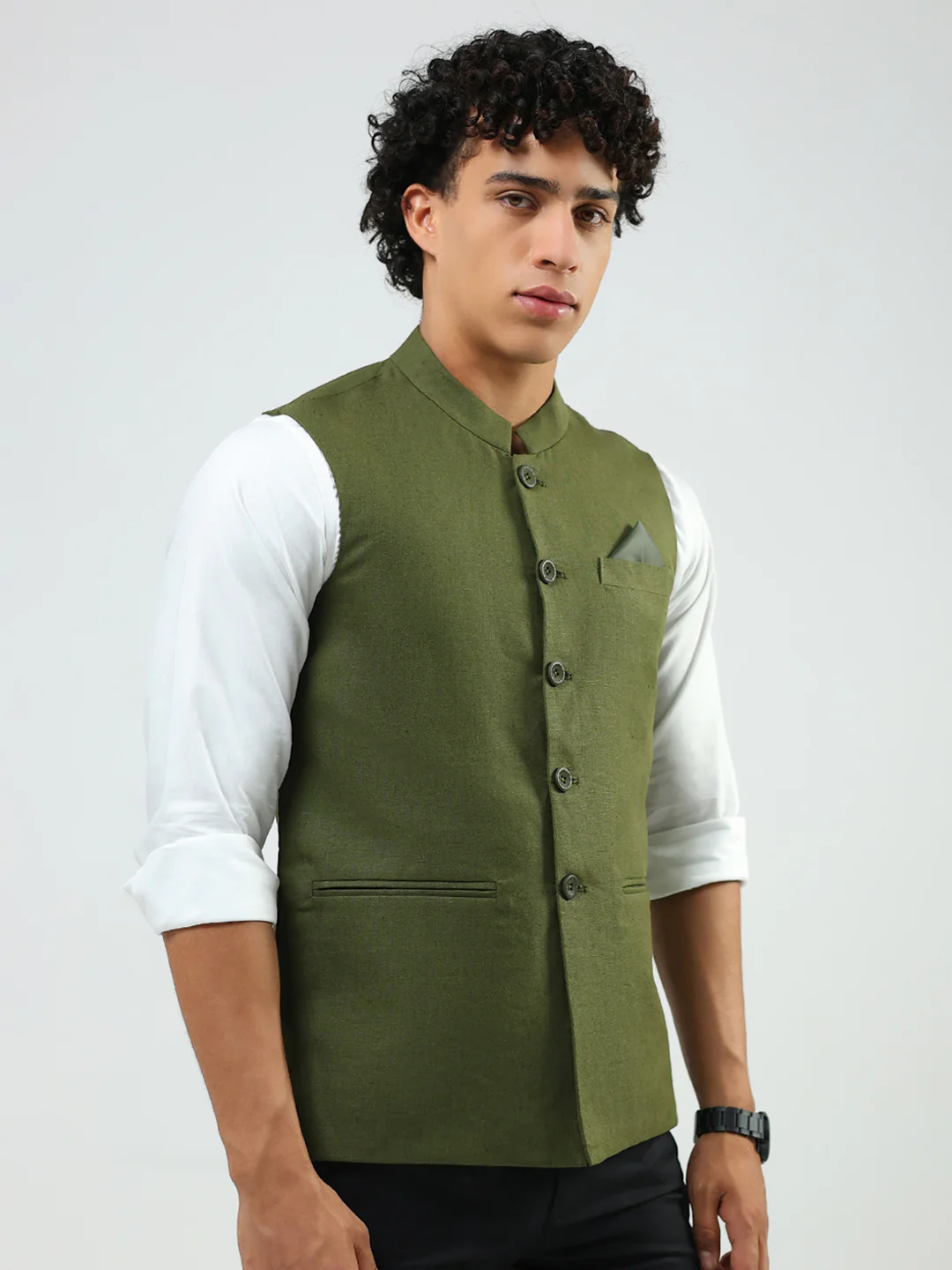 Men Olive Solid Band Neck Sleeveless Nehru Jacket - Image 4