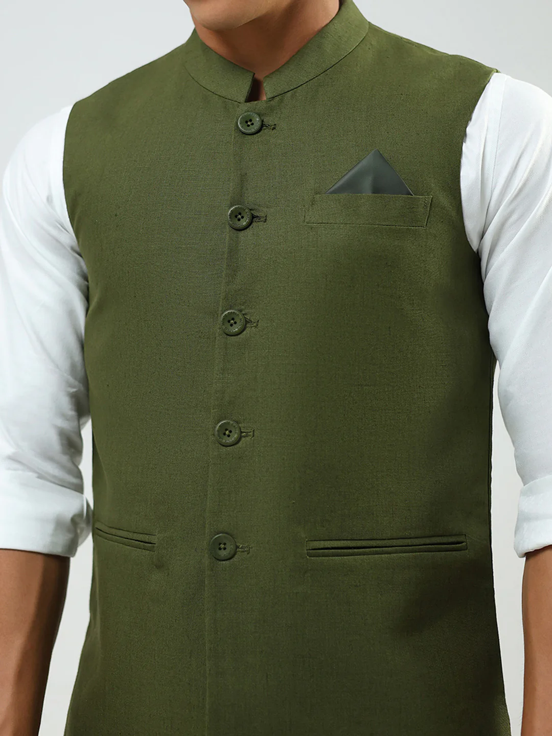 Men Olive Solid Band Neck Sleeveless Nehru Jacket - Image 6