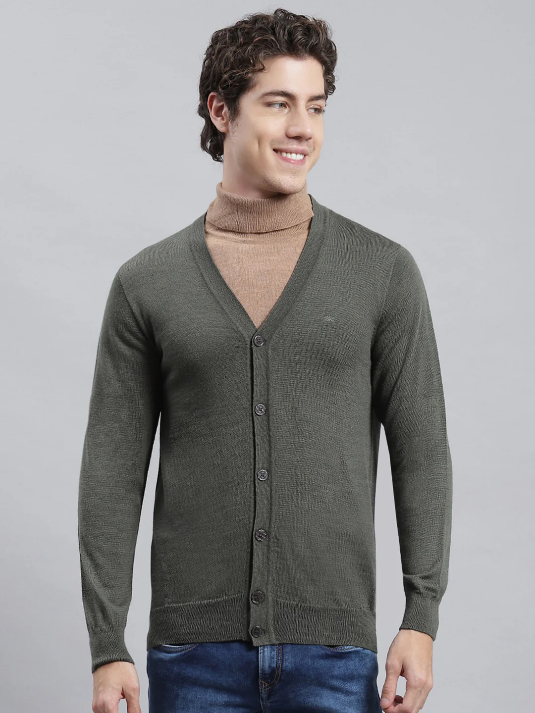 Men Olive Solid Cardigan - Image 2