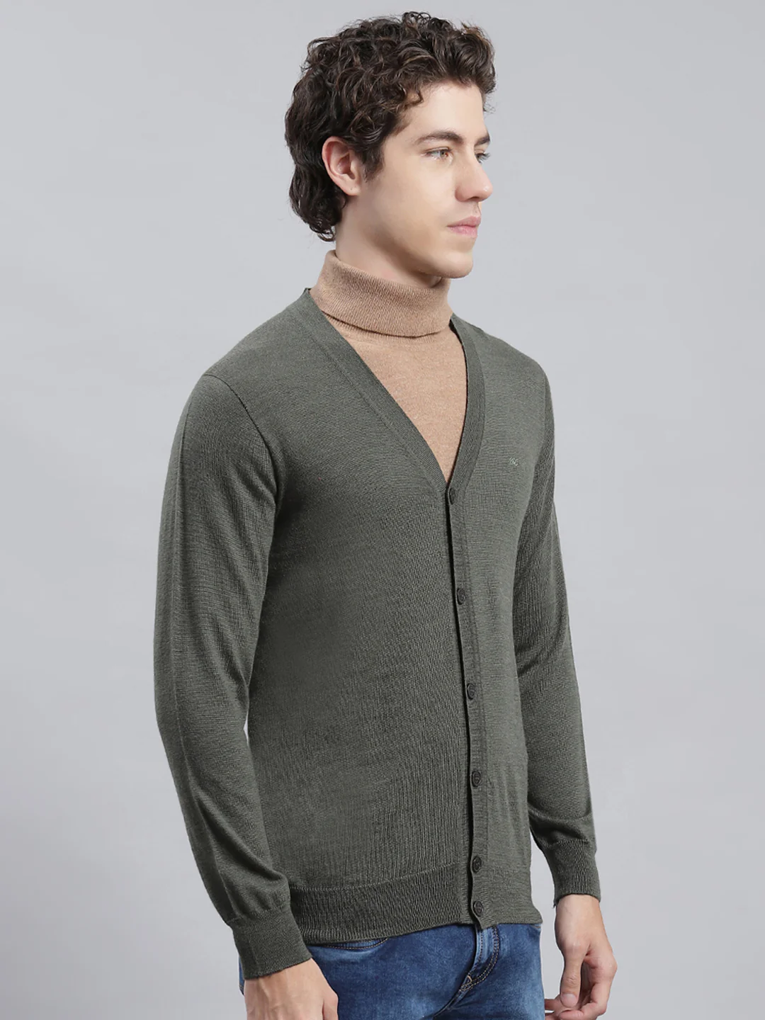 Men Olive Solid Cardigan - Image 3