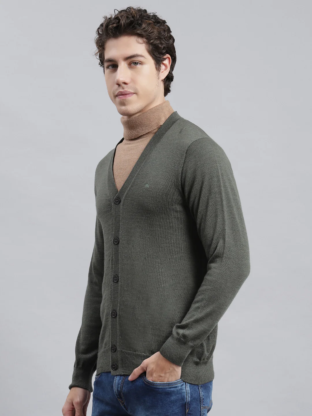 Men Olive Solid Cardigan - Image 4