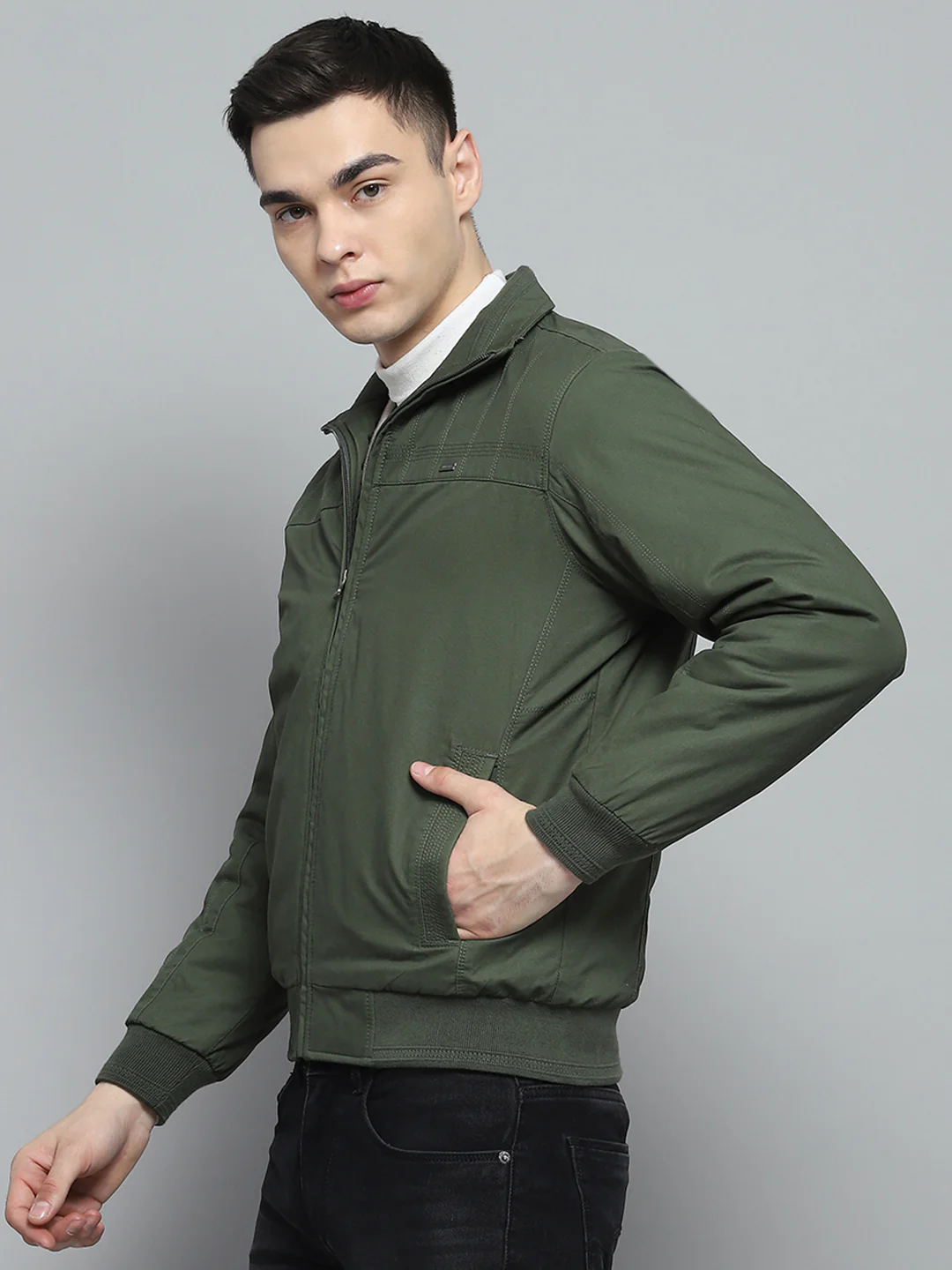 Men Olive Solid Collar Full Sleeve Jacket - Image 3