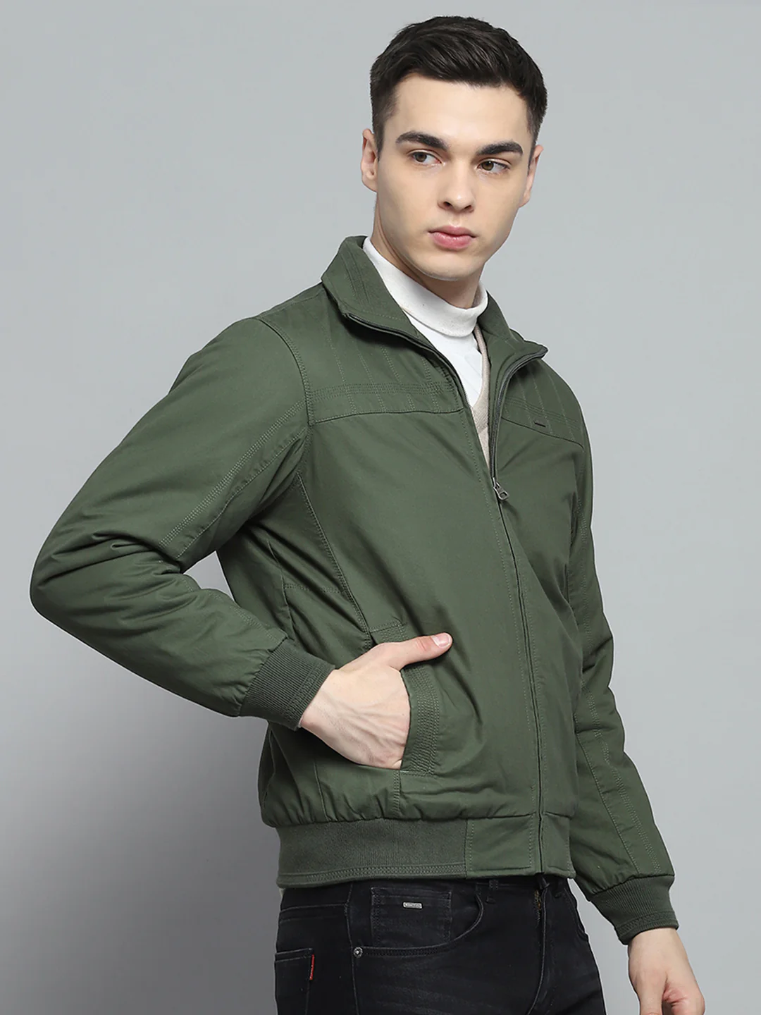 Men Olive Solid Collar Full Sleeve Jacket - Image 4
