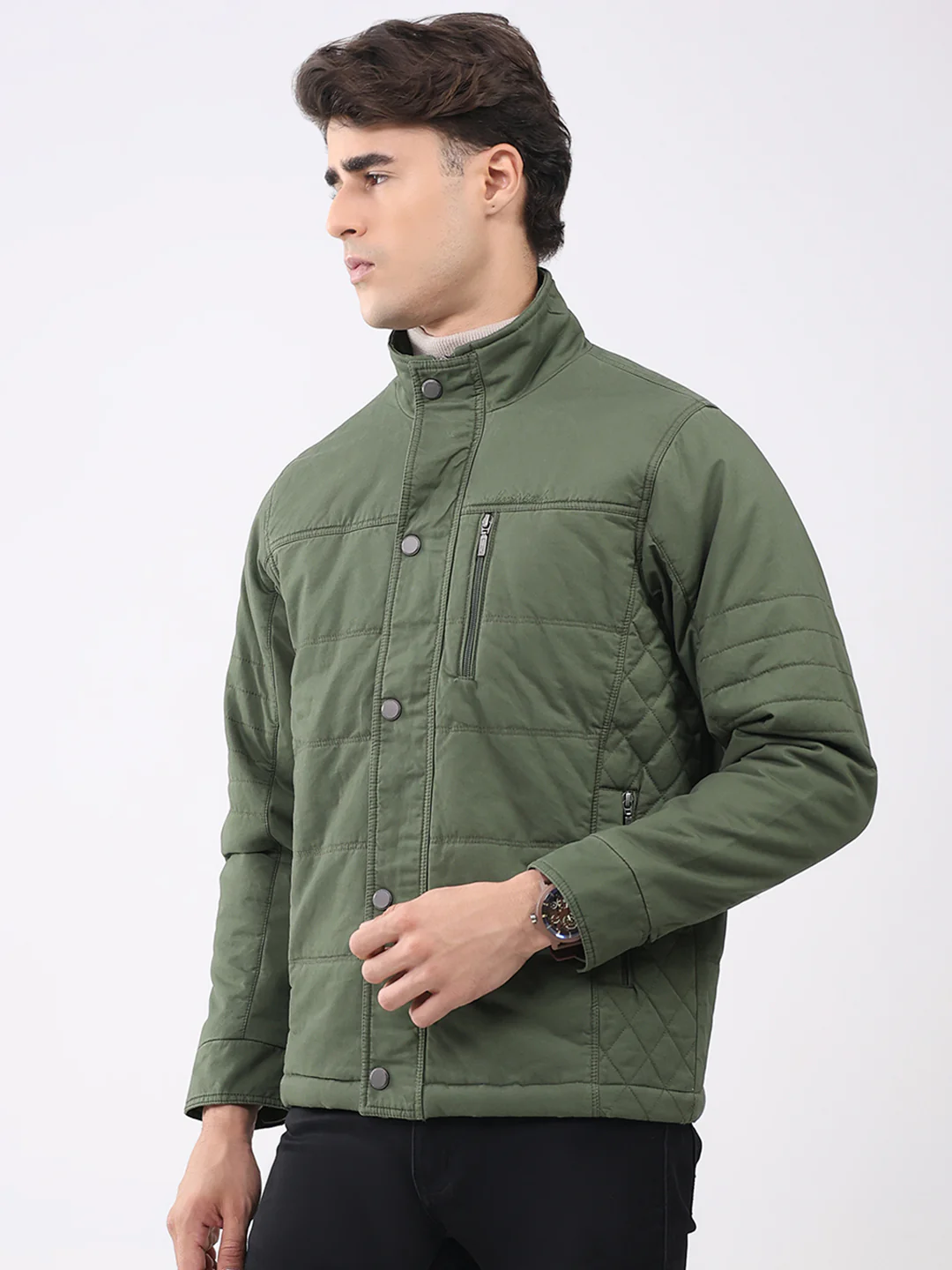 Men Olive Solid Collar Full Sleeve Jacket - Image 3