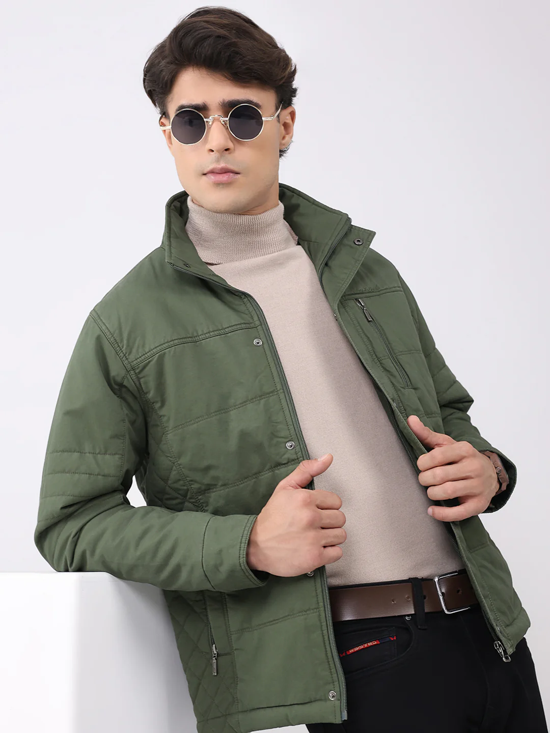 Men Olive Solid Collar Full Sleeve Jacket - Image 6