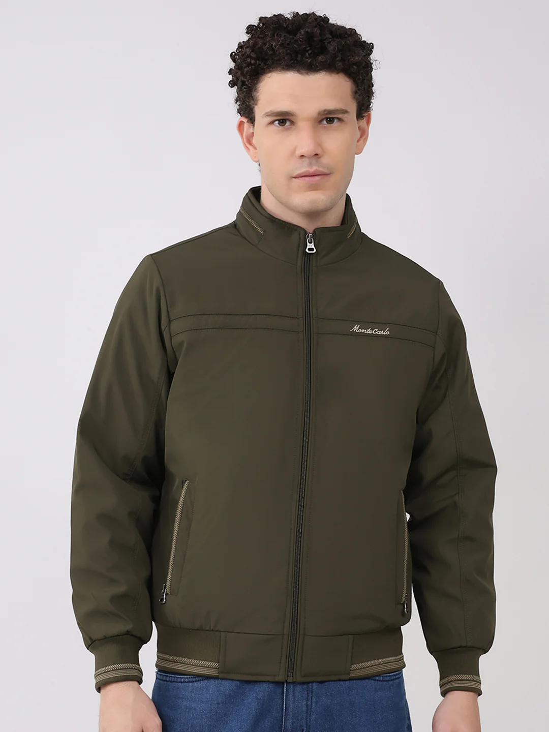 Men Olive Solid Collar Full Sleeve Jacket