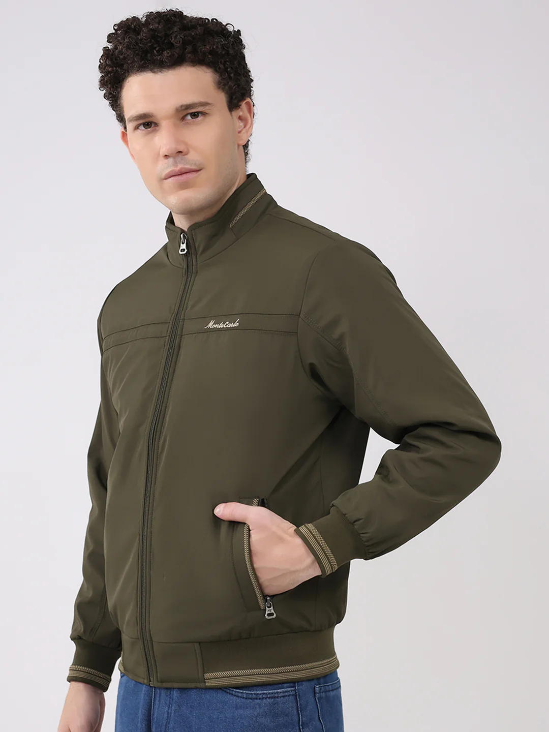 Men Olive Solid Collar Full Sleeve Jacket - Image 3