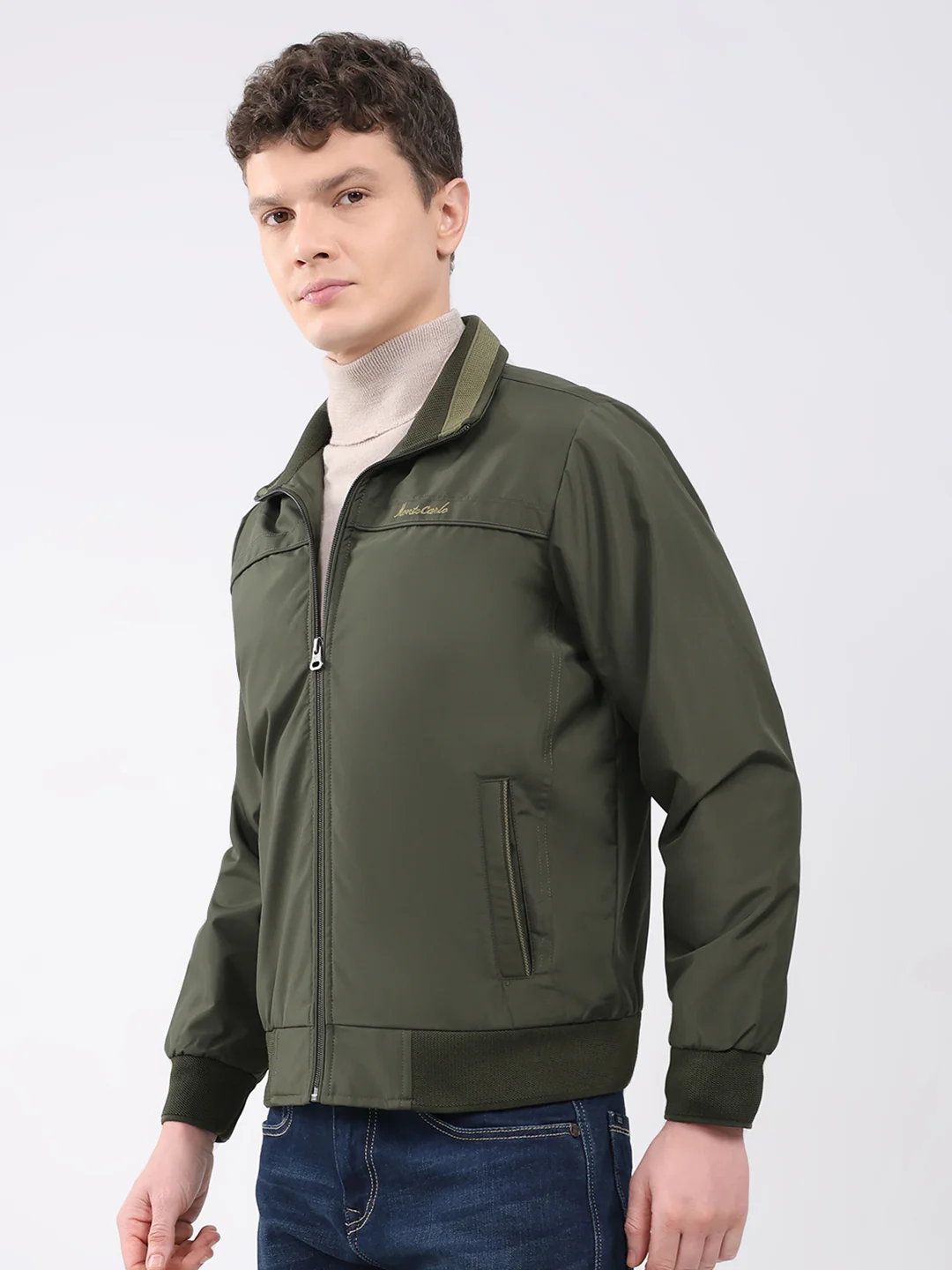 Men Olive Solid Collar Full Sleeve Jacket - Image 3
