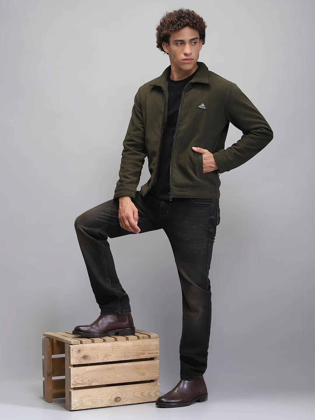 Rock.it Men Olive Solid Collar Full Sleeve Knitted Jacket - Image 2