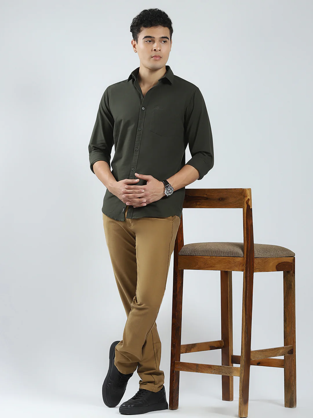 Rock.it Men Olive Solid Collar Full Sleeve Shirt - Image 2