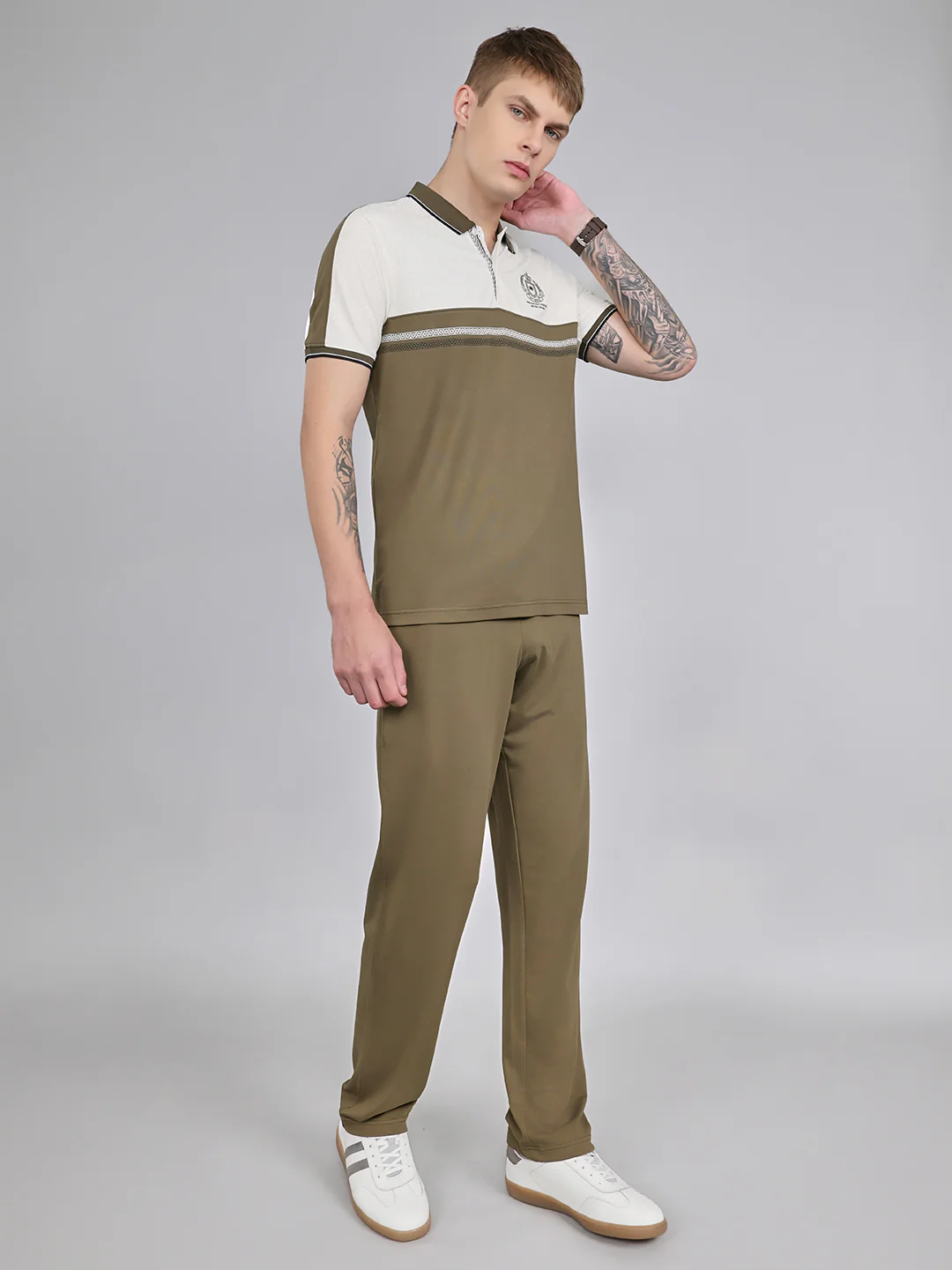 Men Olive Solid Collar Half Sleeve Lower Set - Image 3