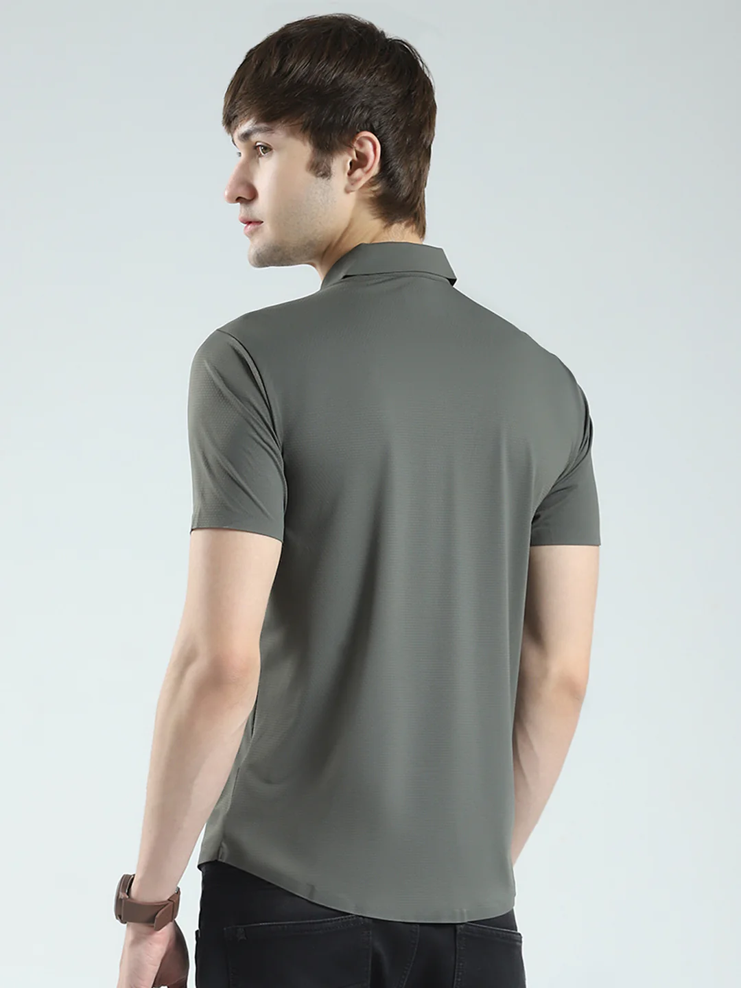Men Olive Solid Collar Half Sleeve Shirt - Image 5