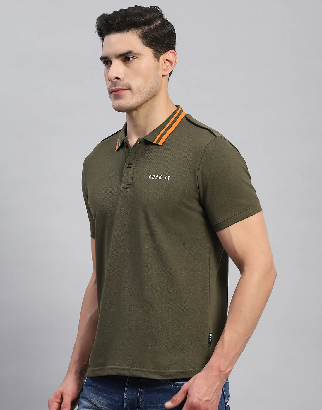 Rock.it Men Olive Solid Collar Half Sleeve T-Shirt - Image 3