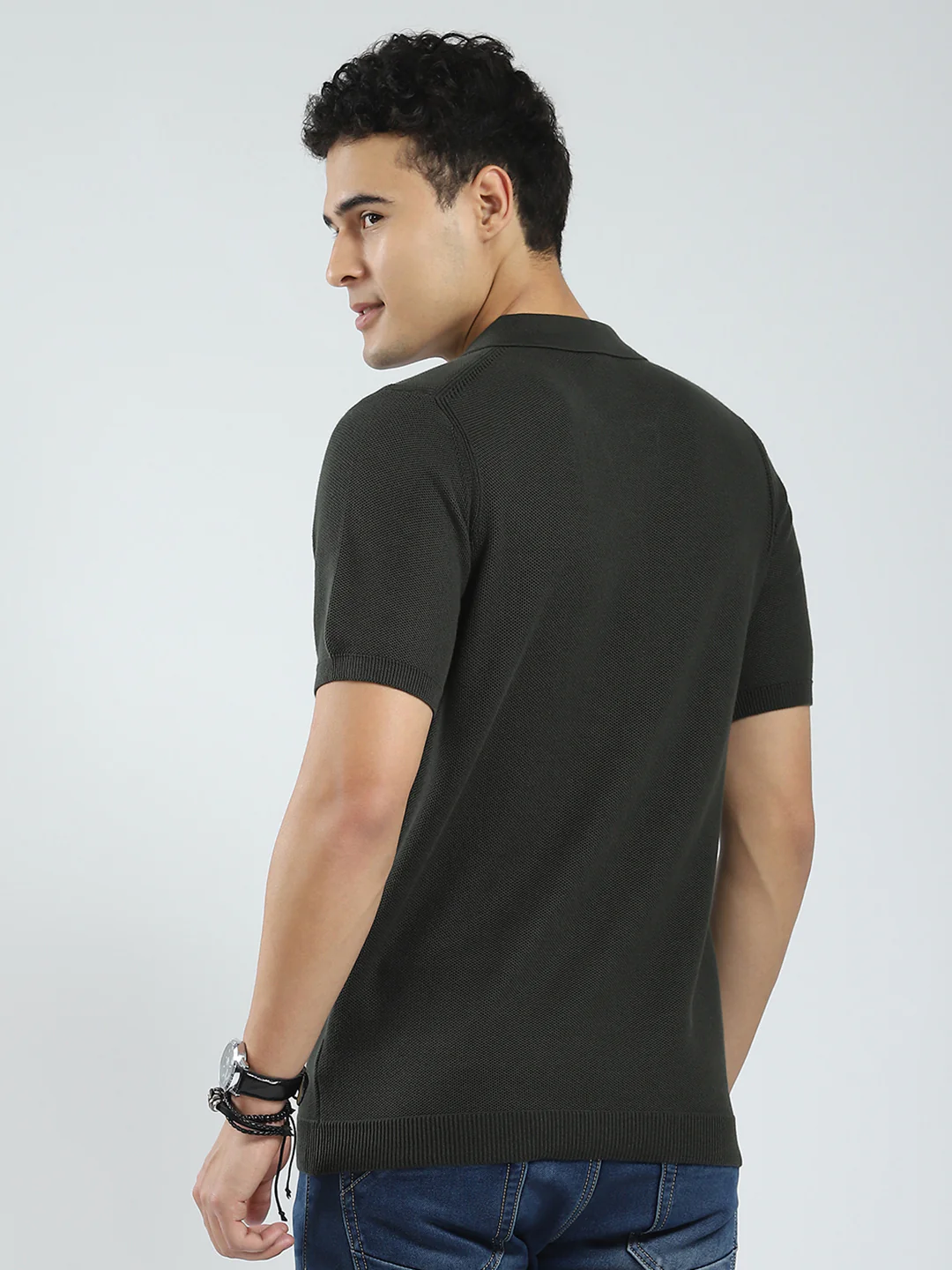 Rock.it Men Olive Solid Collar Half Sleeve T-Shirt - Image 5