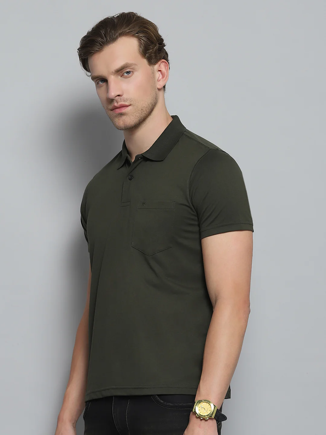 Men Olive Solid Collar Half Sleeve T-Shirt - Image 3
