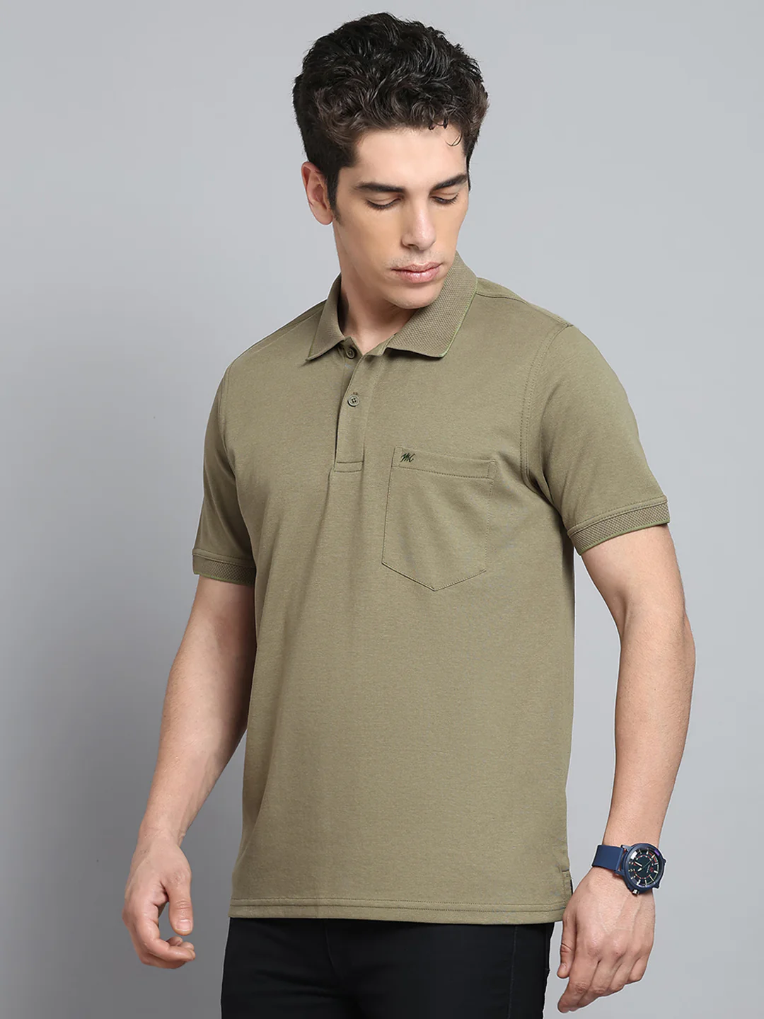 Men Olive Solid Collar Half Sleeve T-Shirt - Image 3