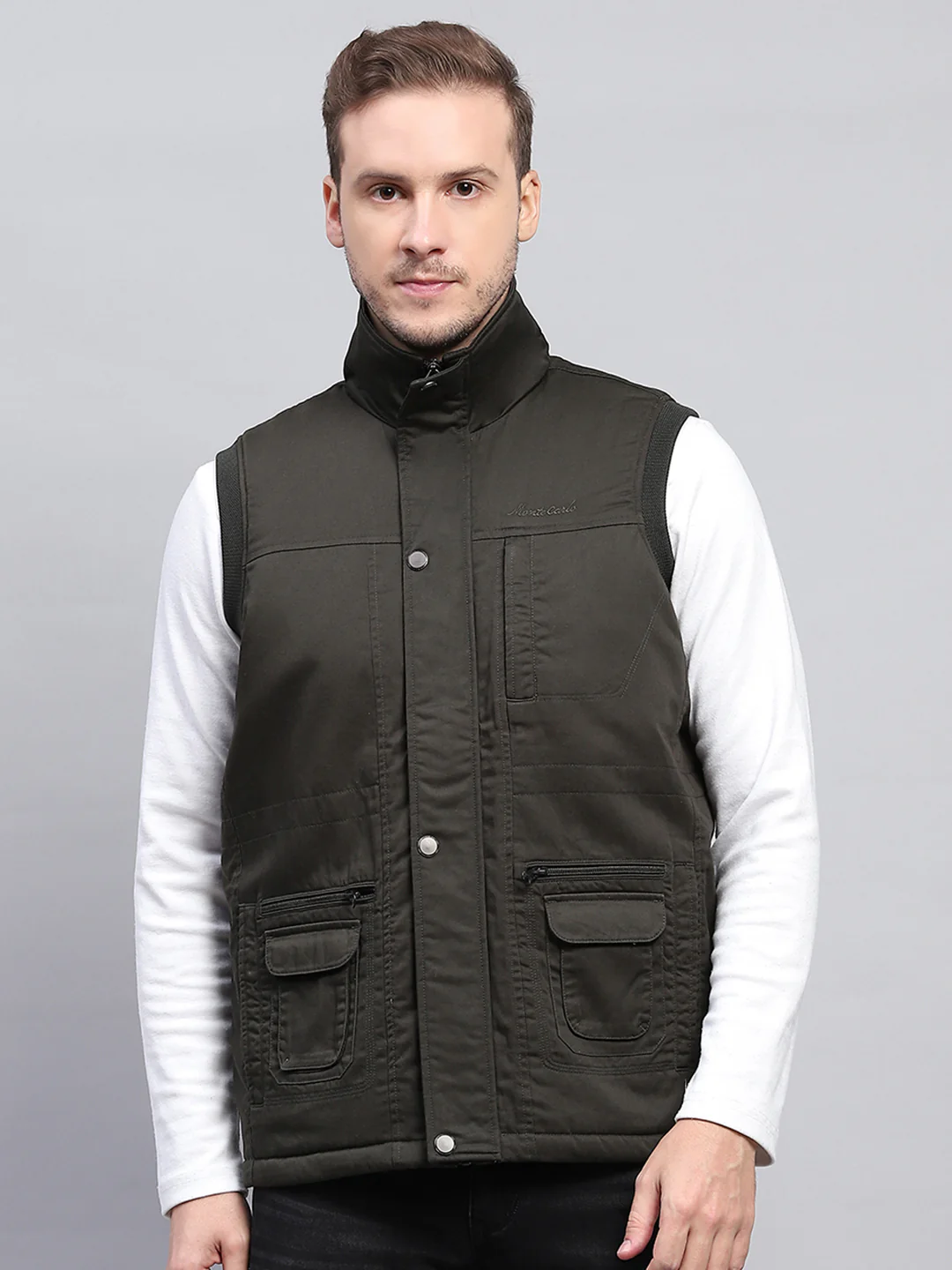 Men Olive Solid Collar Sleeveless Jacket - Image 3