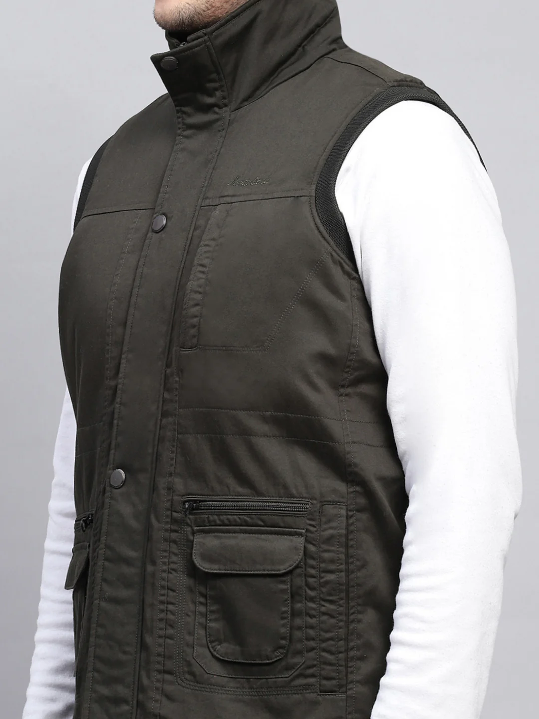 Men Olive Solid Collar Sleeveless Jacket - Image 6
