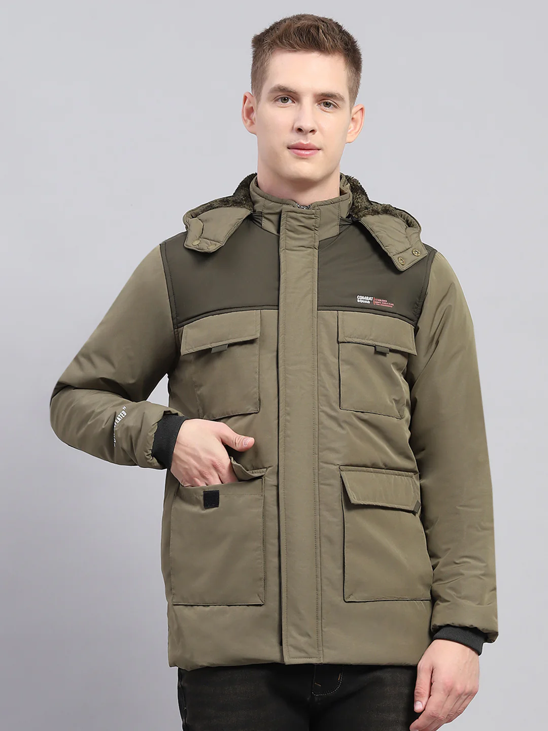 Men Olive Solid Detachable Hood Full Sleeve Jacket