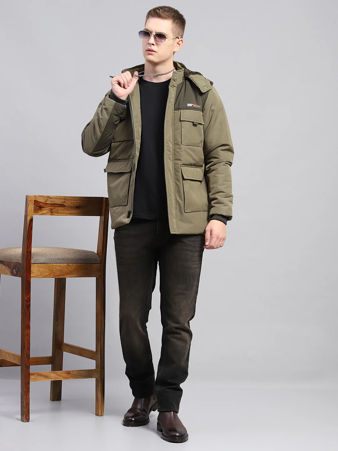Men Olive Solid Detachable Hood Full Sleeve Jacket - Image 2