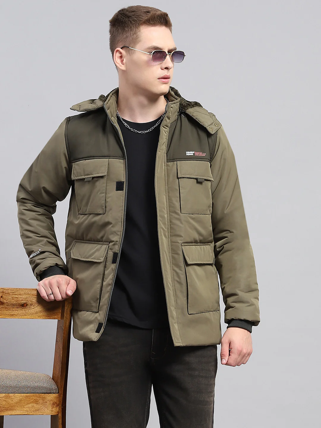 Men Olive Solid Detachable Hood Full Sleeve Jacket - Image 6