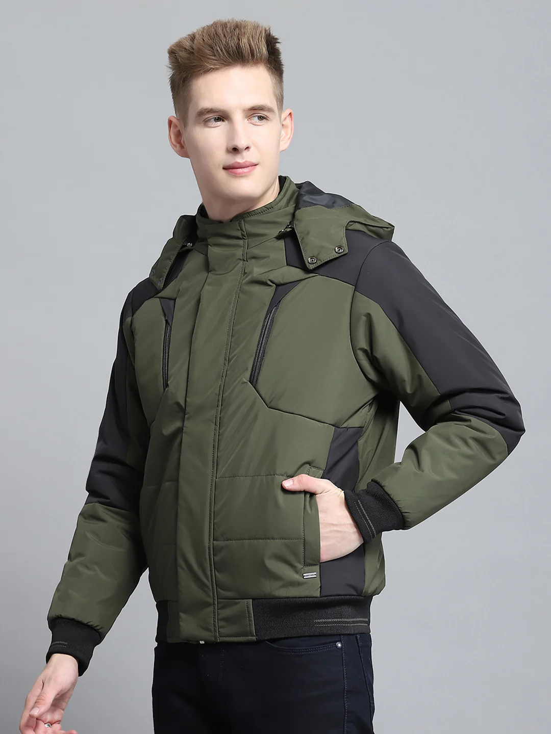 Men Olive Solid Detachable Hood Full Sleeve Jacket - Image 3