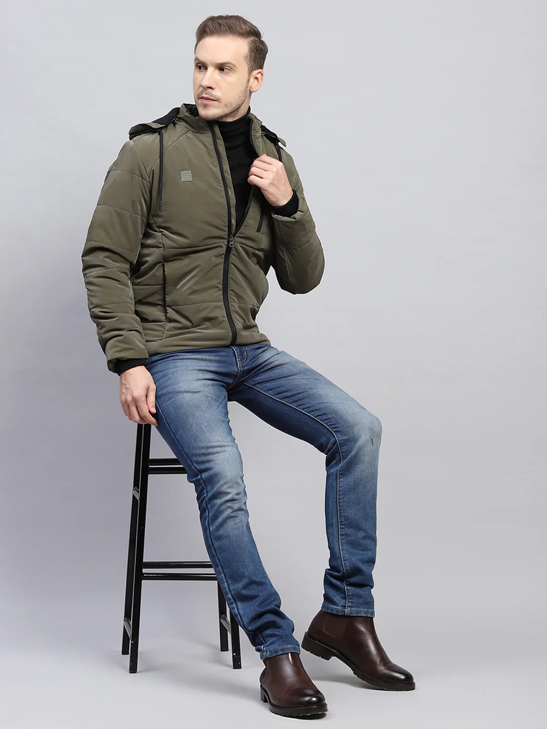 Men Olive Solid Detachable Hood Full Sleeve Jacket - Image 2