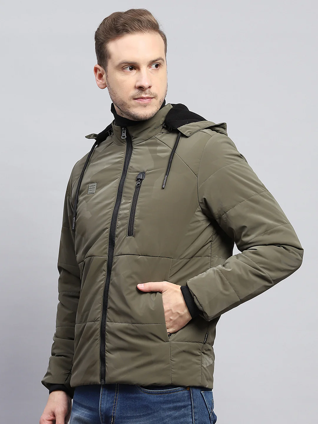 Men Olive Solid Detachable Hood Full Sleeve Jacket - Image 3
