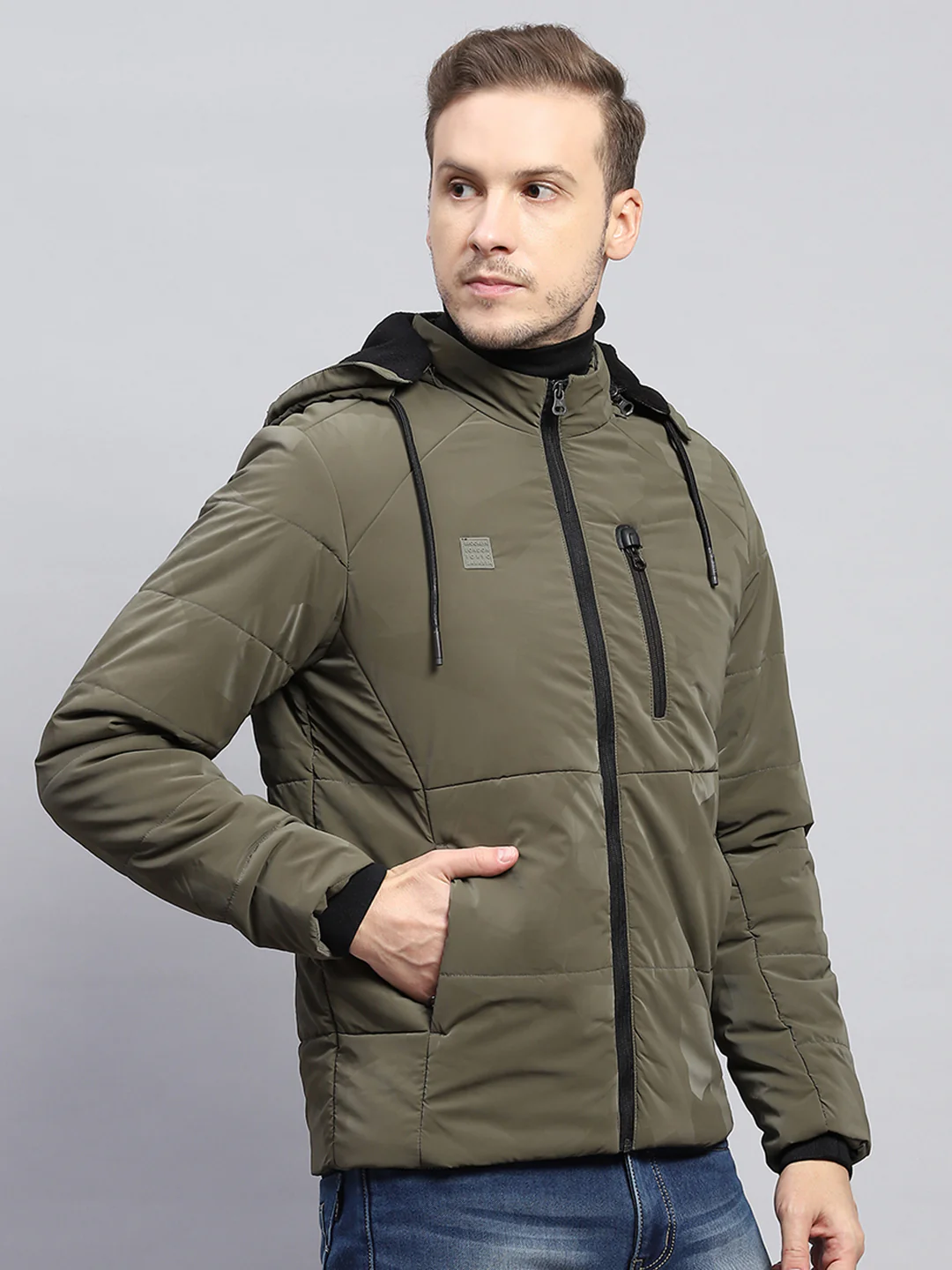 Men Olive Solid Detachable Hood Full Sleeve Jacket - Image 4