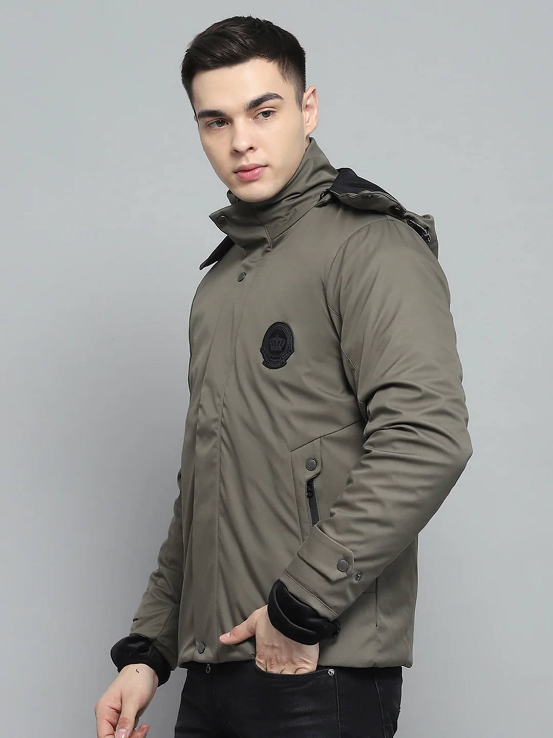 Men Olive Solid Detachable Hood Full Sleeve Jacket - Image 3