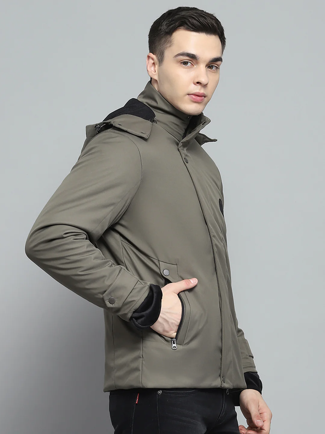 Men Olive Solid Detachable Hood Full Sleeve Jacket - Image 4
