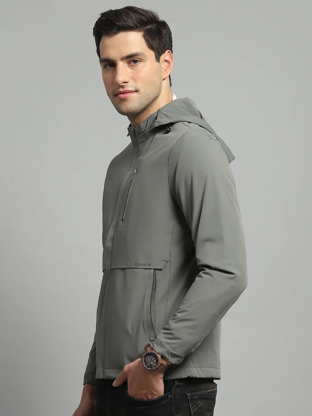 Luxuria Men Olive Solid Detachable Hood Full Sleeve Jacket - Image 3