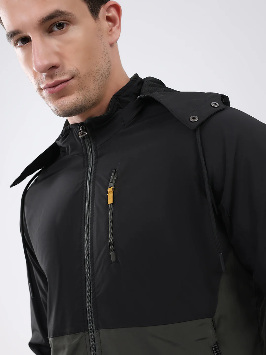 Men Olive Solid Detachable Hood Full Sleeve Jacket - Image 6