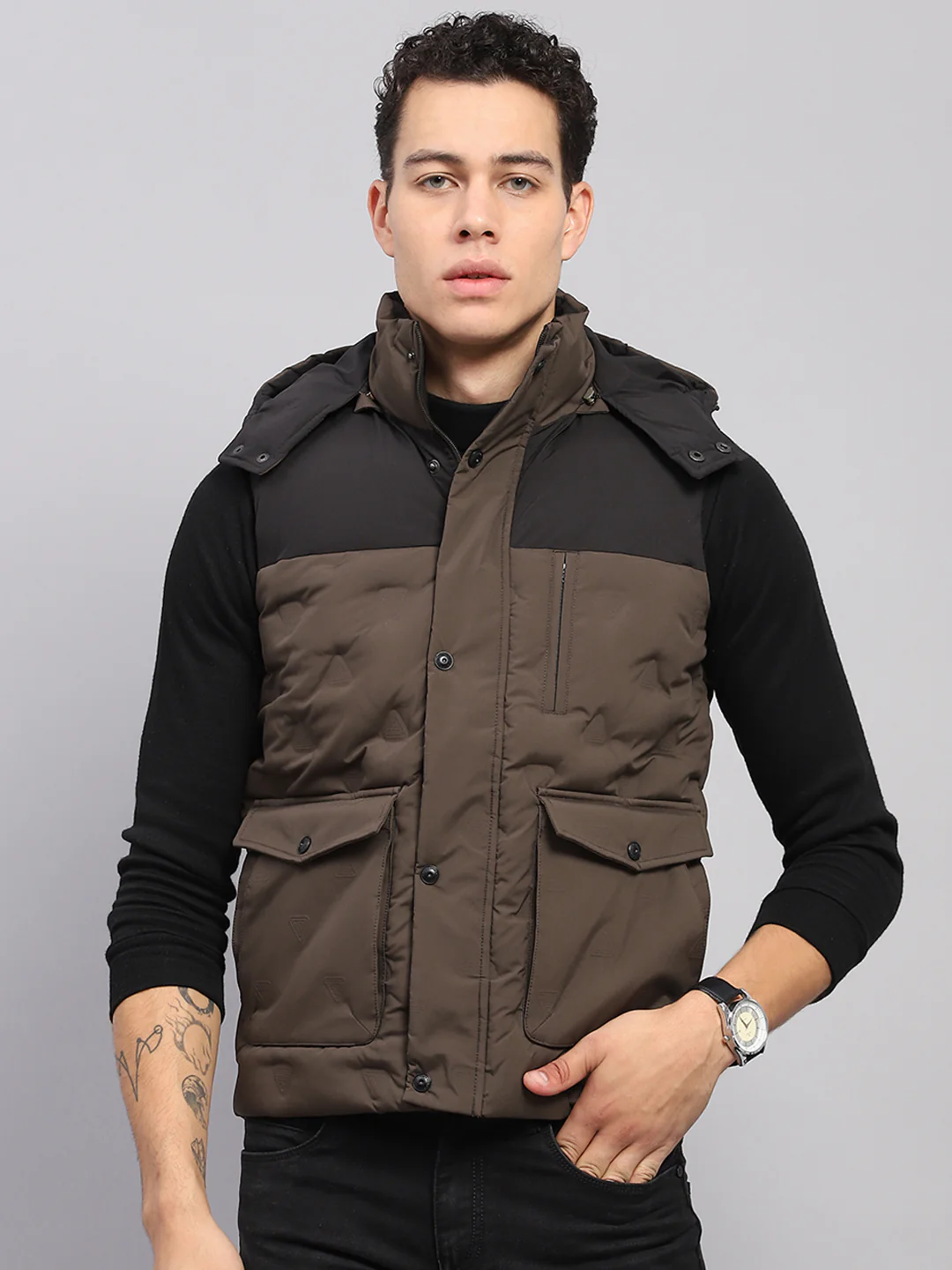 Men Olive Solid Detachable Hood Sleeveless Jacket - Image 2