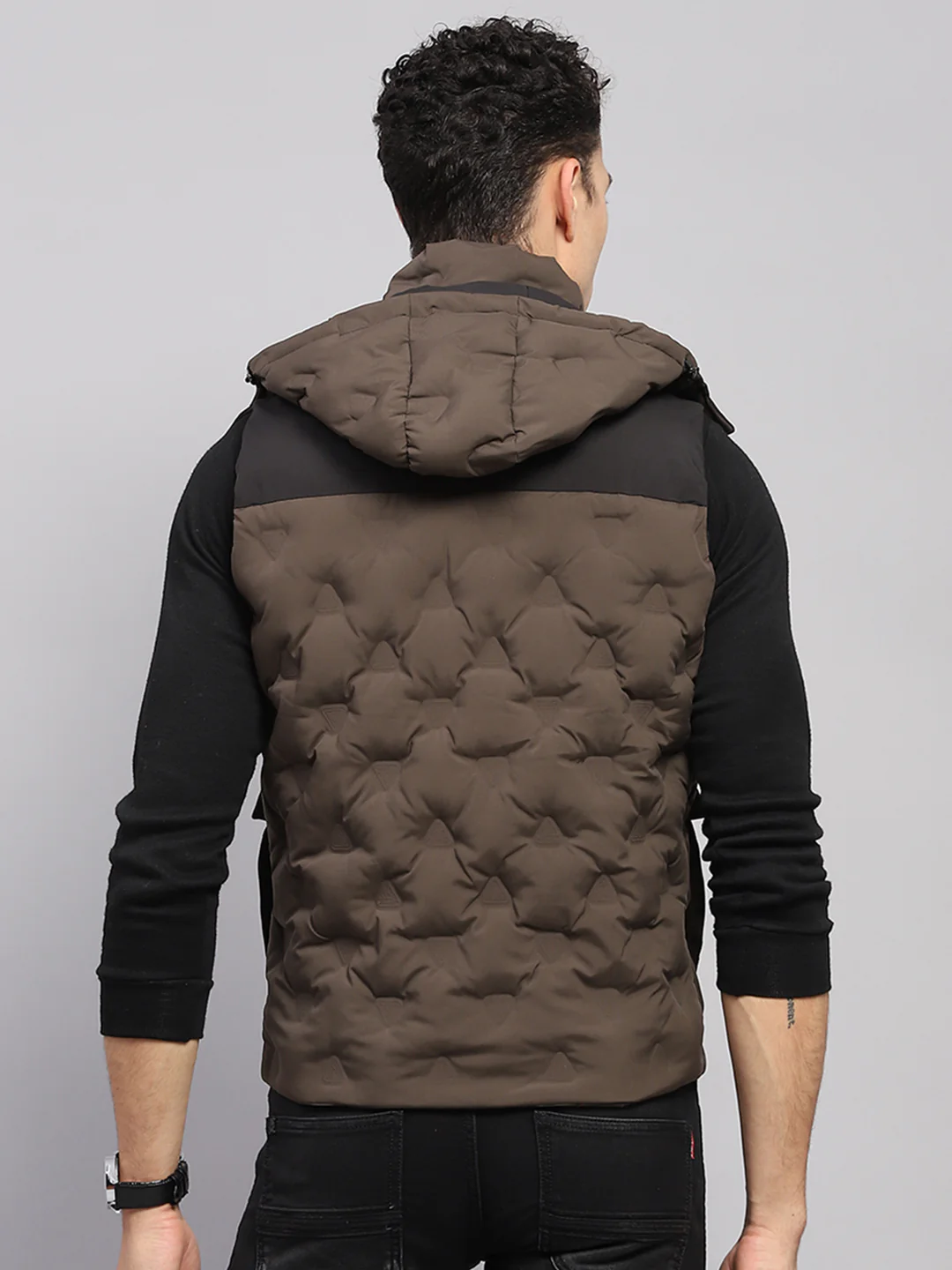 Men Olive Solid Detachable Hood Sleeveless Jacket - Image 5