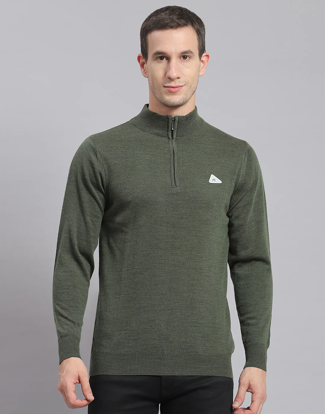 Men Olive Solid H Neck Full Sleeve Sweater - Image 2