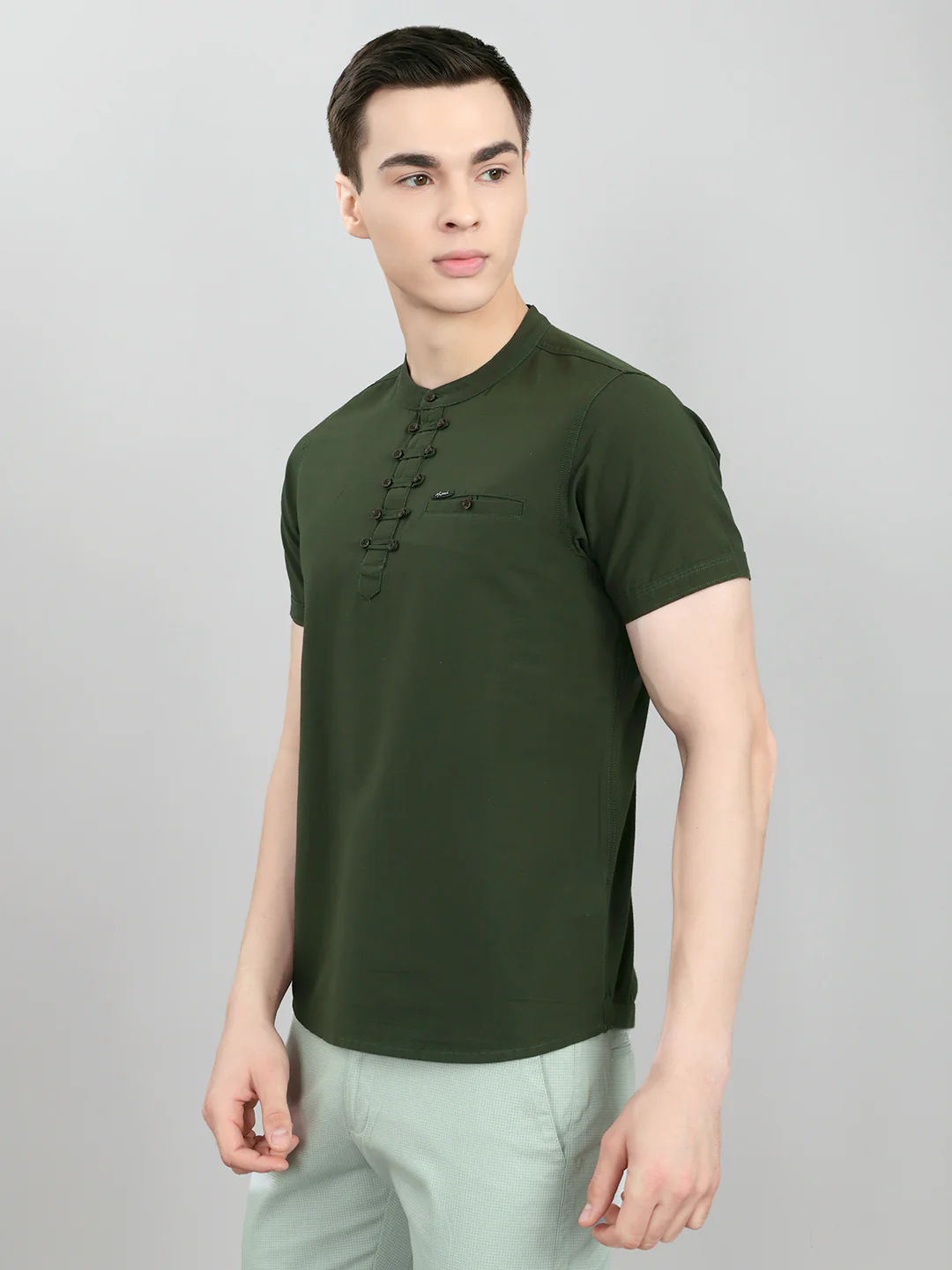 Men Olive Solid Henley Neck Half Sleeve T-Shirt - Image 2