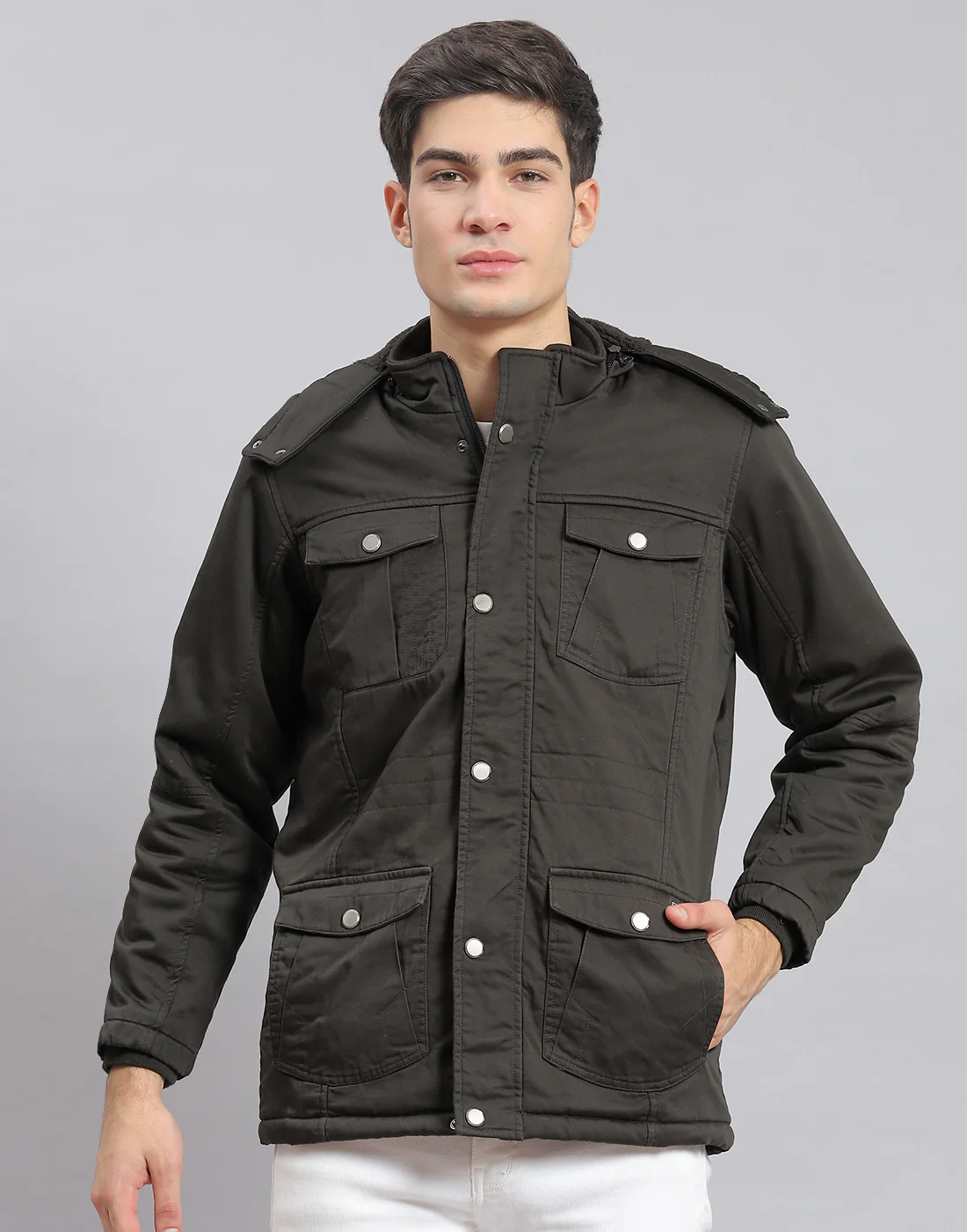 Men Olive Solid Hooded Full Sleeve Jacket - Image 2