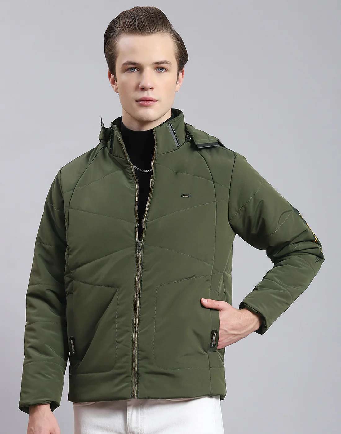 Men Olive Solid Hooded Full Sleeve Jacket - Image 2