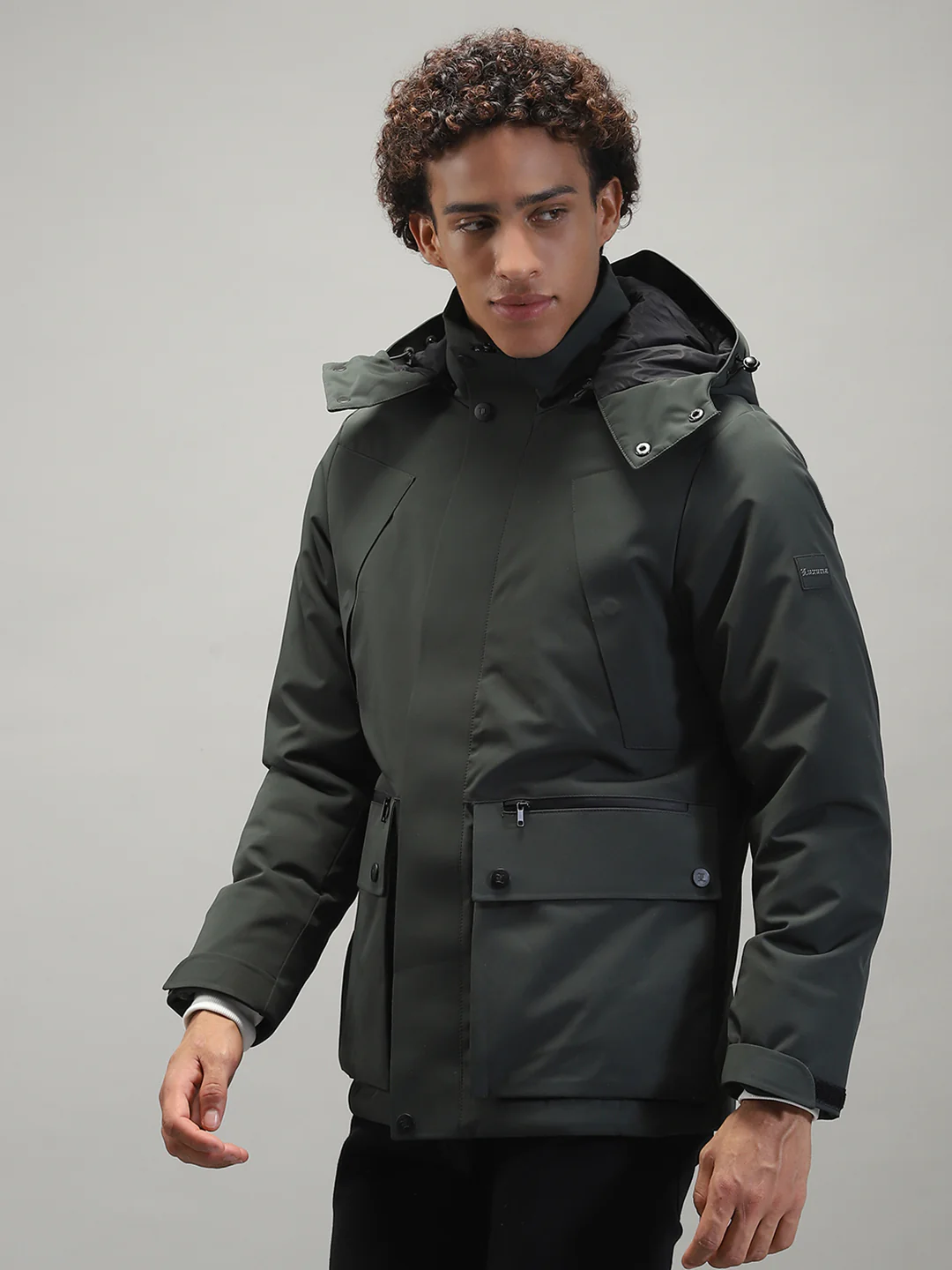 Men Olive Solid Hooded Full Sleeve Jacket - Image 3