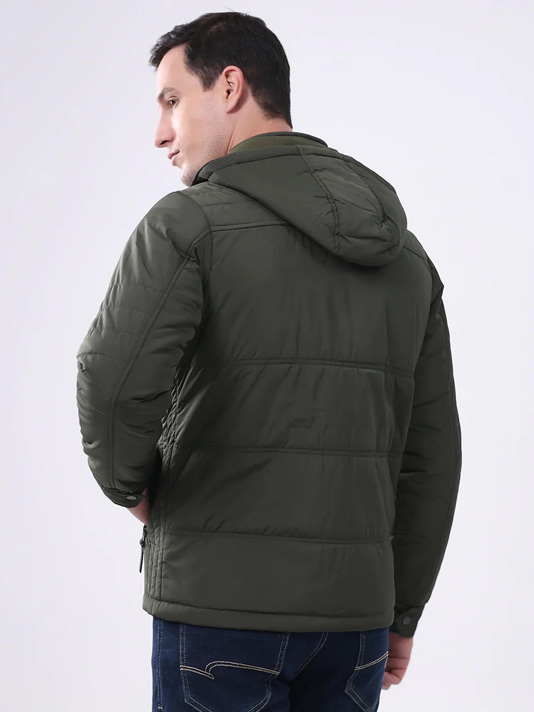 Men Olive Solid Hooded Full Sleeve Jacket - Image 5