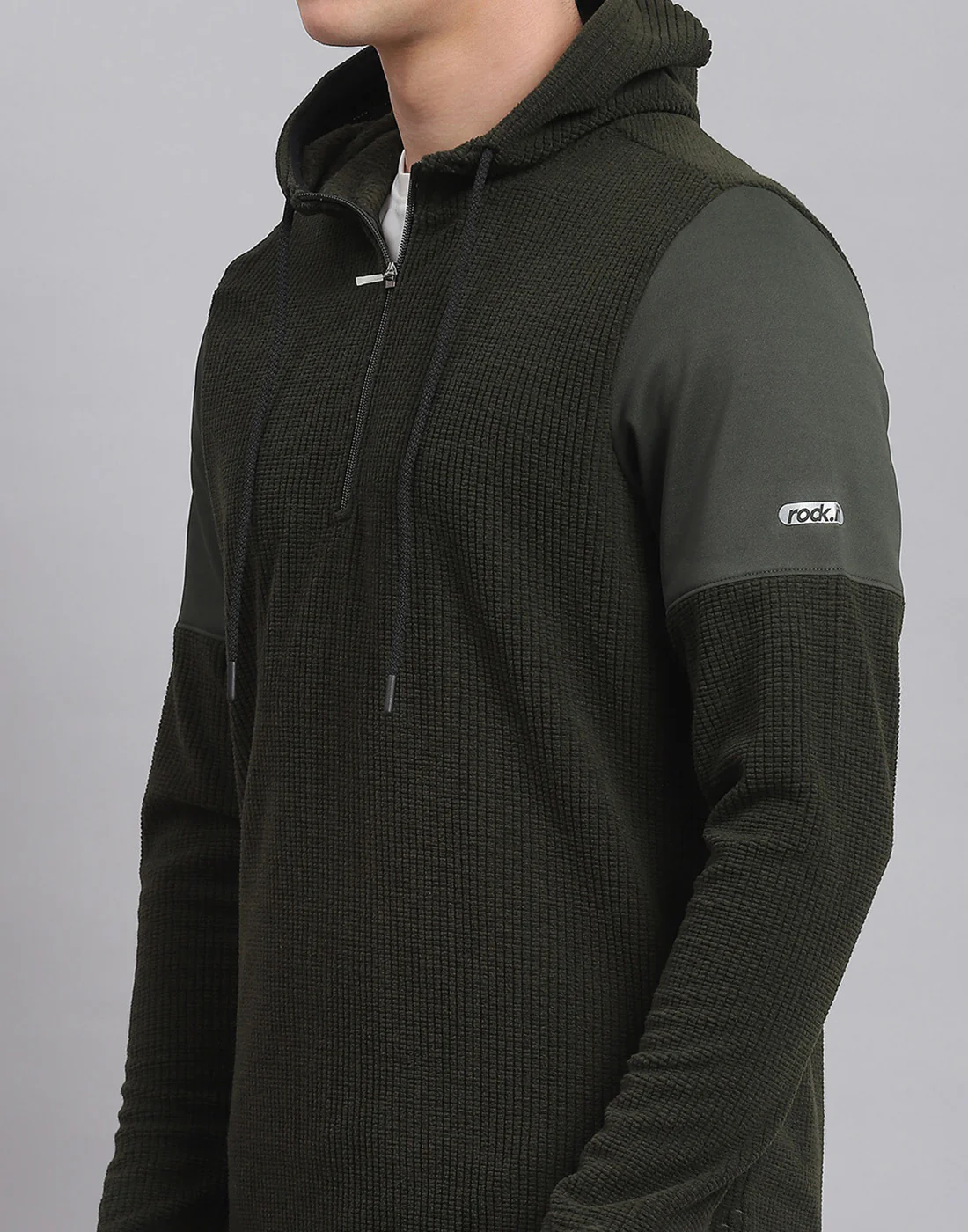 Rock.it Men Olive Solid Hooded Full Sleeve Sweatshirt - Image 6