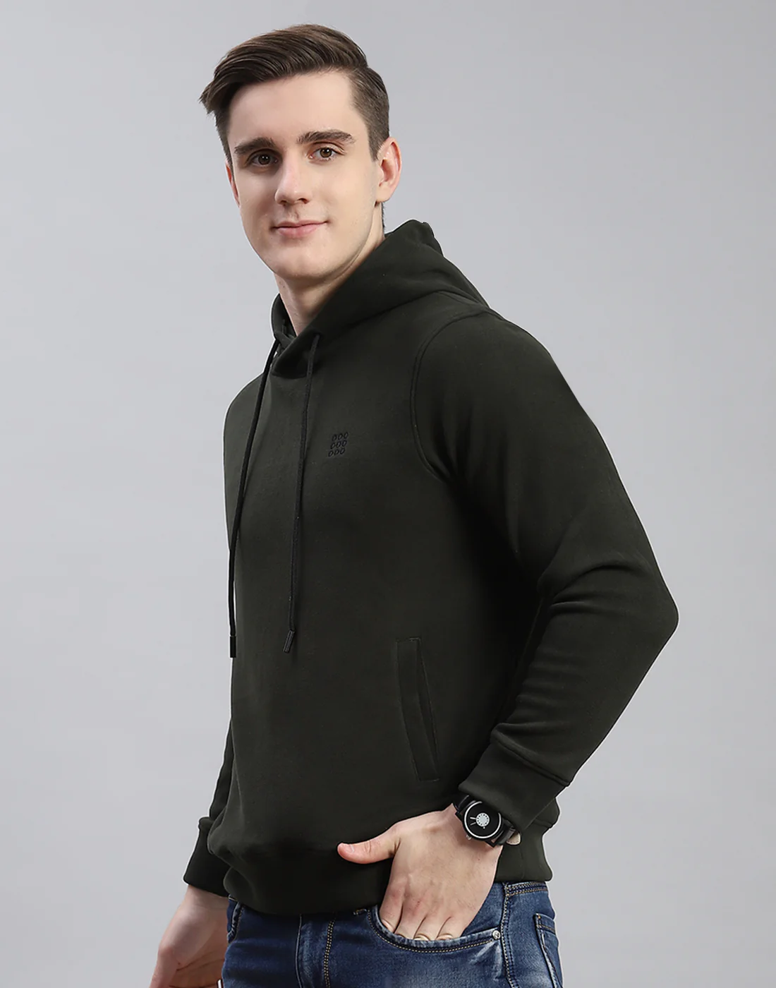 Rock.it Men Olive Solid Hooded Full Sleeve Sweatshirt - Image 3