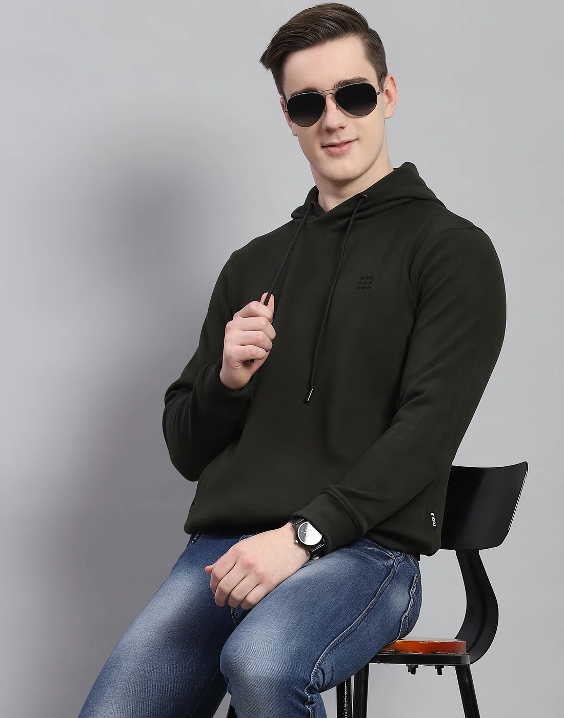 Rock.it Men Olive Solid Hooded Full Sleeve Sweatshirt - Image 6