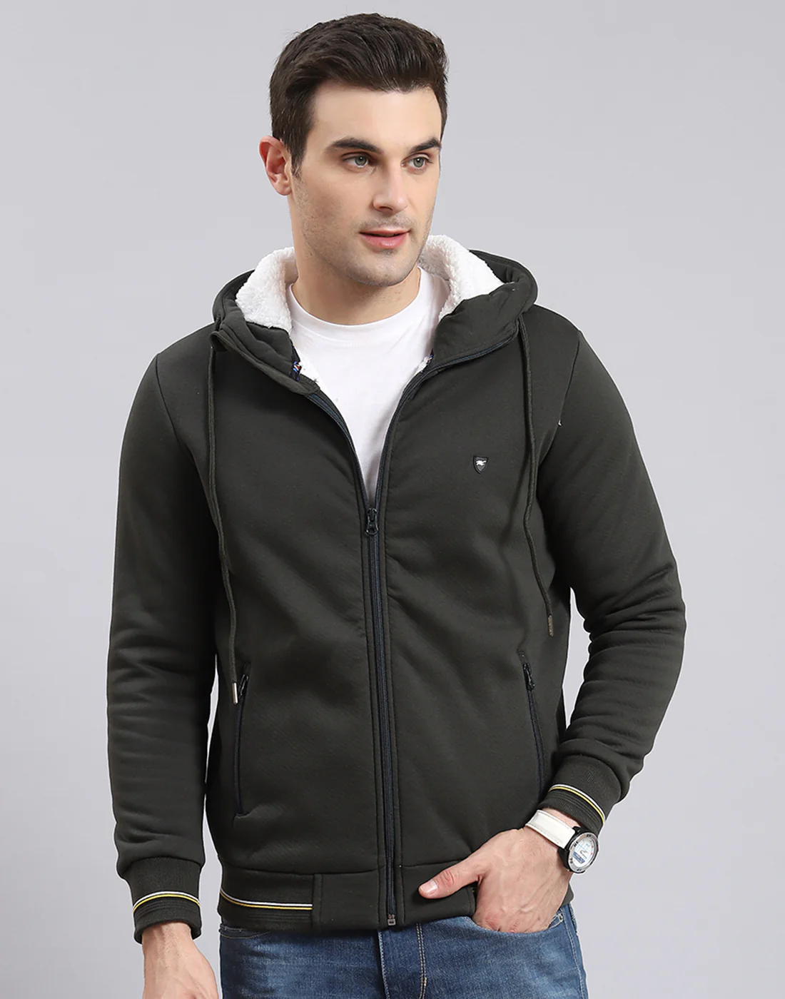 Men Olive Solid Hooded Full Sleeve Sweatshirt - Image 3