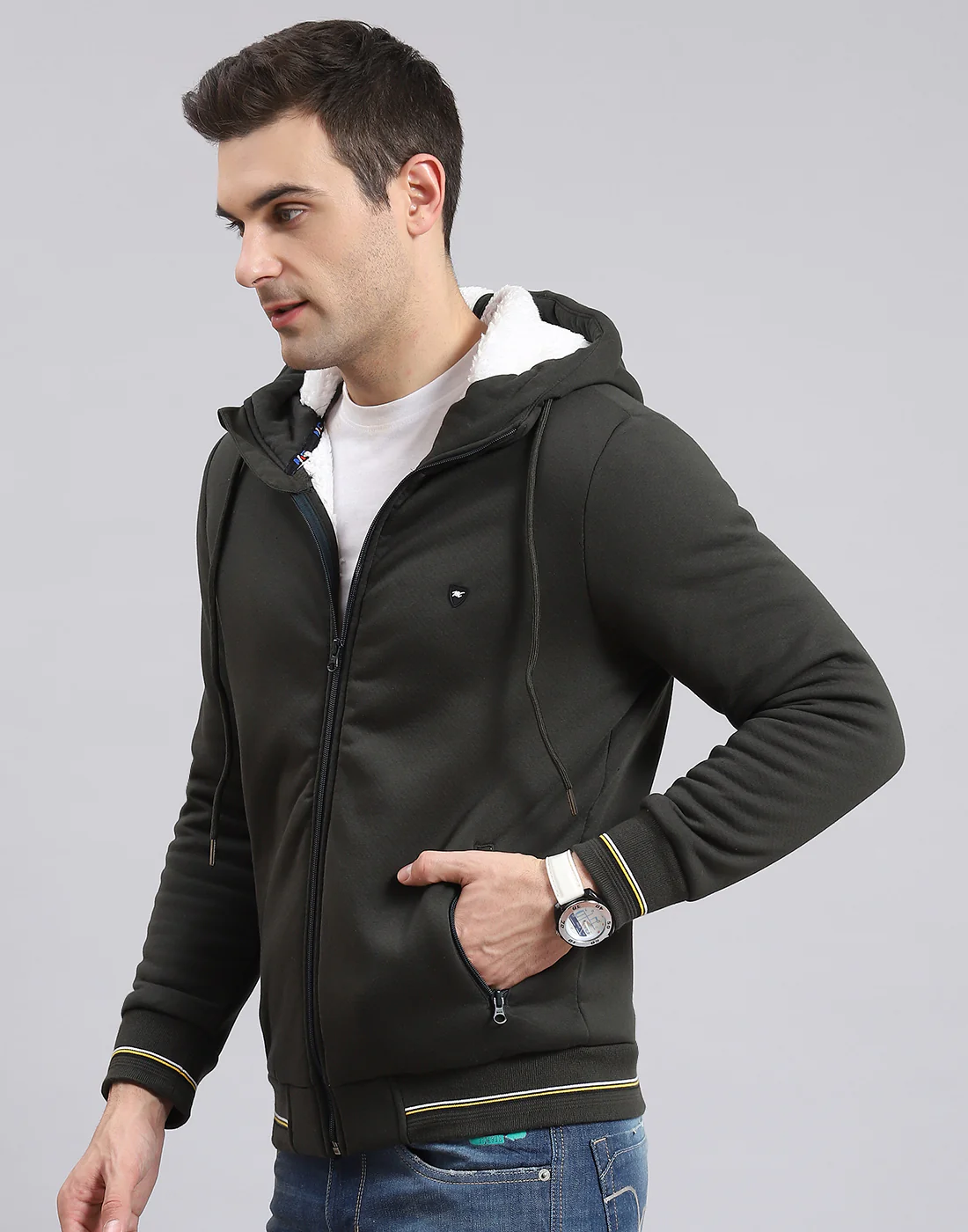 Men Olive Solid Hooded Full Sleeve Sweatshirt - Image 4