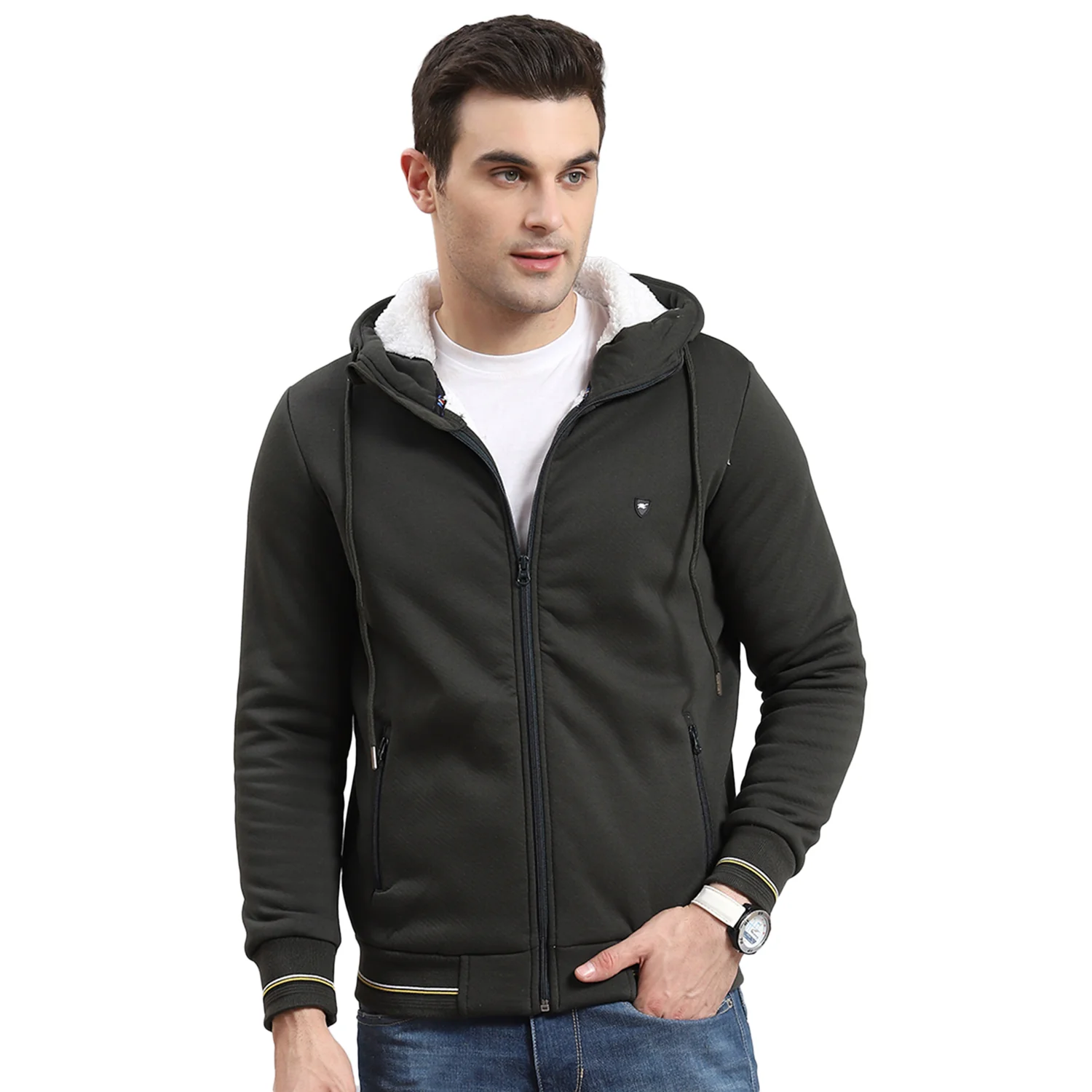 Men Olive Solid Hooded Full Sleeve Sweatshirt - Image 5