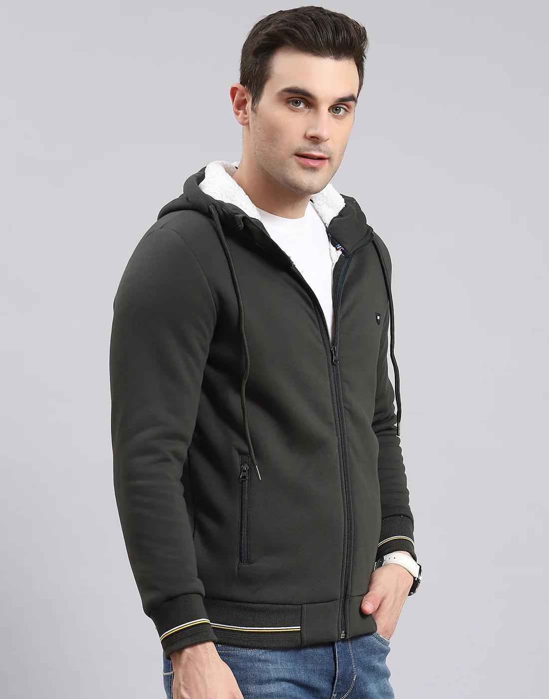 Men Olive Solid Hooded Full Sleeve Sweatshirt - Image 6