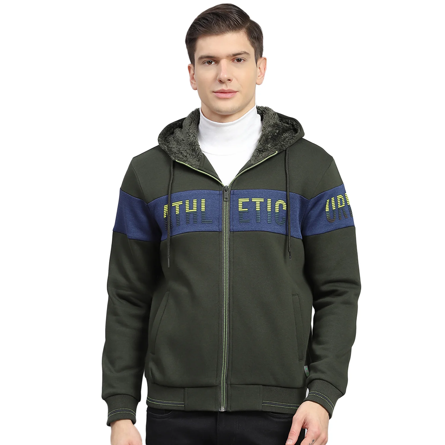 Men Olive Solid Hooded Full Sleeve Sweatshirt - Image 5